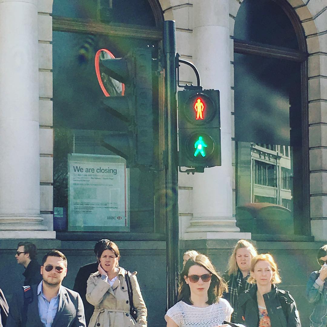 Wait am I walking or waiting? New traffic lights have gone wrong already. Yesterday not on at all. Today all on. Yay