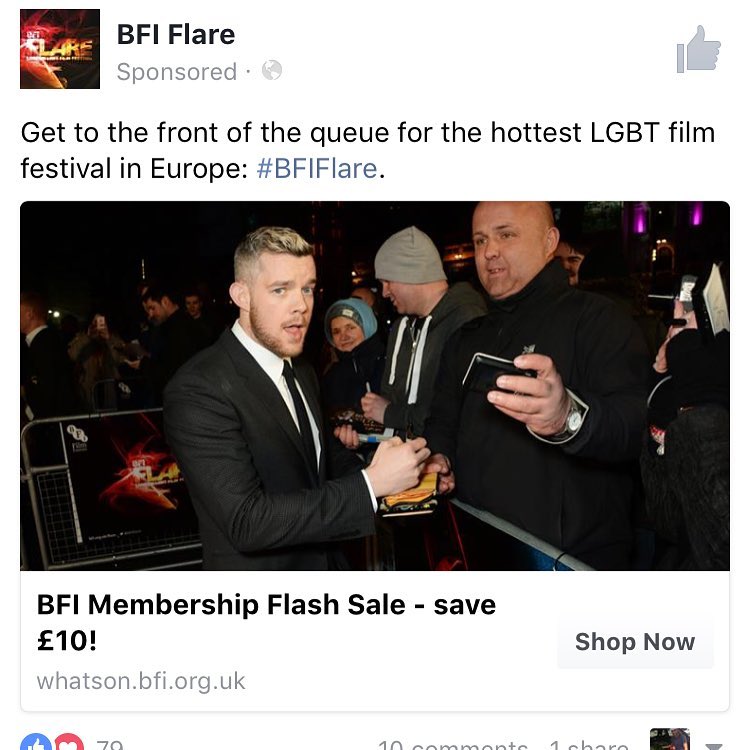 Part of me hopes that Facebook allowed BFI to target this advert down to the image of Russell Tovey. The other part realises he just headlined last year at Flare with The Pass so less creepy