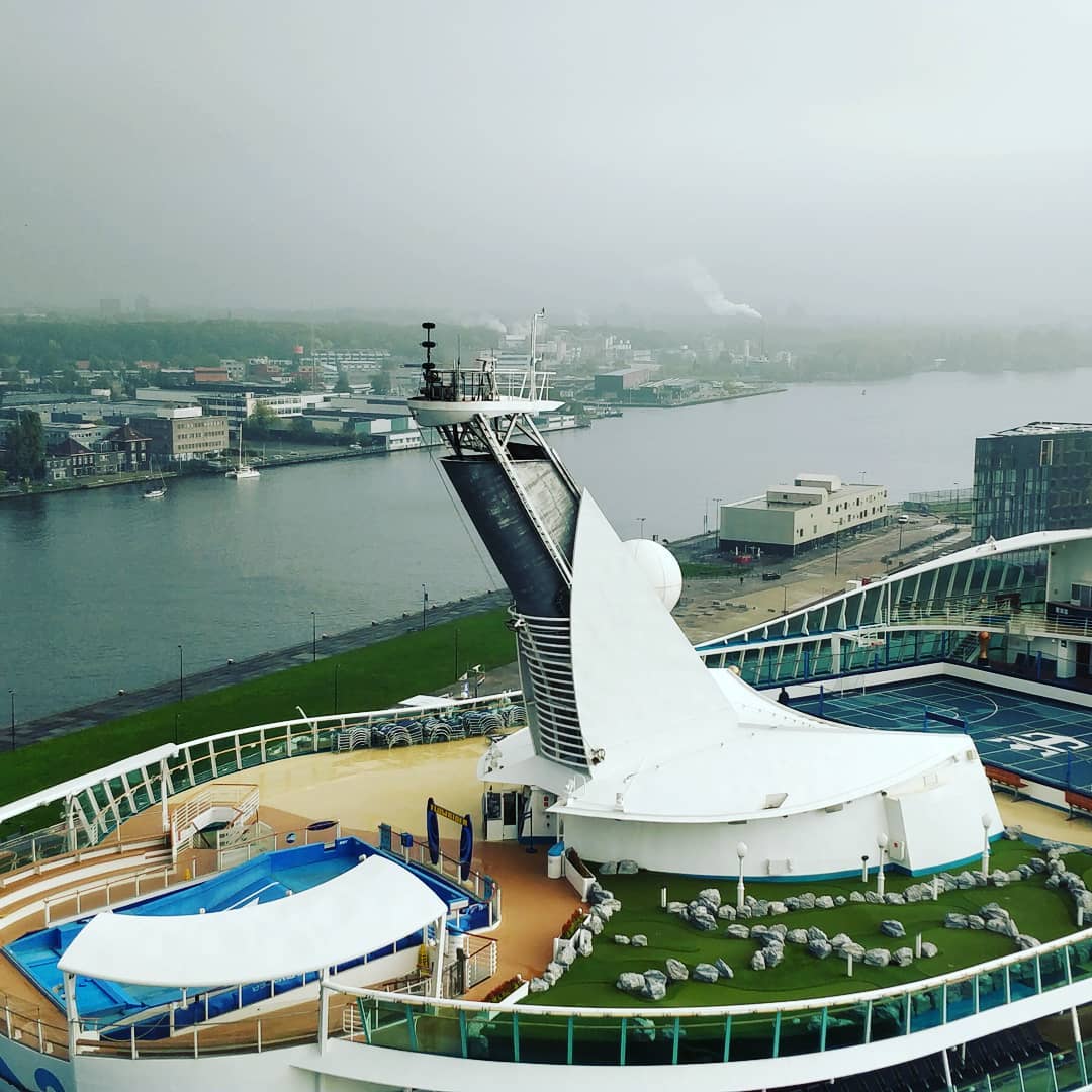 We are on the 15th floor and this Royal Carribbean cruise ship still looks massive. Ugly too
